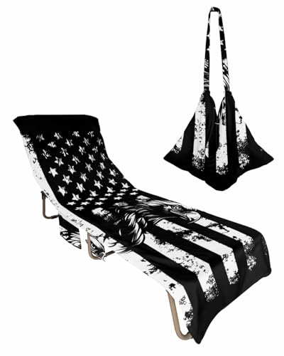 Black Eagle 4th of July Beach Lounge Chair Towel Cover, Soft Chaise Lounge Towel with Side Pockets Patio Pool Chairs Cover for Beach/Pool Sunbathing 29x85 Independence Day American Flag