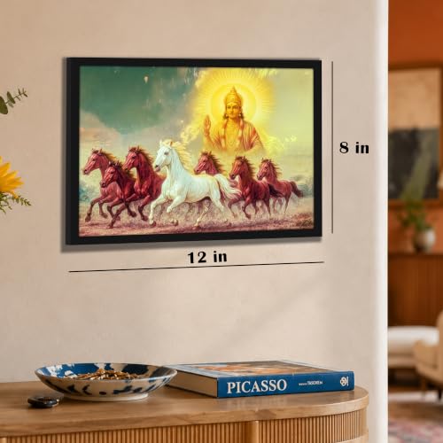 Image of PAINTINGMANRA Shurya Dev 7 Running Horses Framed Wall Art Painting For Living Room Seven Horse Vastu Feng Shui Poster with frame for Wall, Decoration item for bedroom, 10x13 Inch