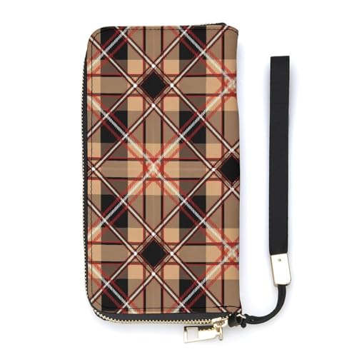 Fashion Long Wallet with Hand Strap, Adult Smooth Clutch Wallets for Women Men Daily Use, Wear Resistant and Reusable, Beige Tartan Plaid Pattern