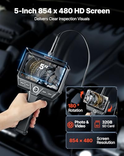 Image of VEVOR Triple Lens Endoscope with 32.8FT Newly Ultra-Rigid Cable, Industrial Borescope with Light, 5 inch HD IPS Screen, 8 + 2 Lights, 8X Zoom, 5000mAh, IP67 Waterproof Snake Camera for Auto, Plumbing
