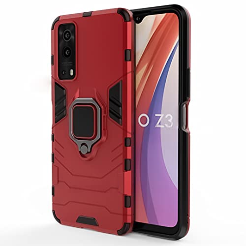 Image of WOW IMAGINE Shock Proof Back Case Mobile Cover for iQOO Z3 (Tough Armor | Hybrid PC + TPU | Full Protection with Ring Holder & in-Built Kickstand | Red)