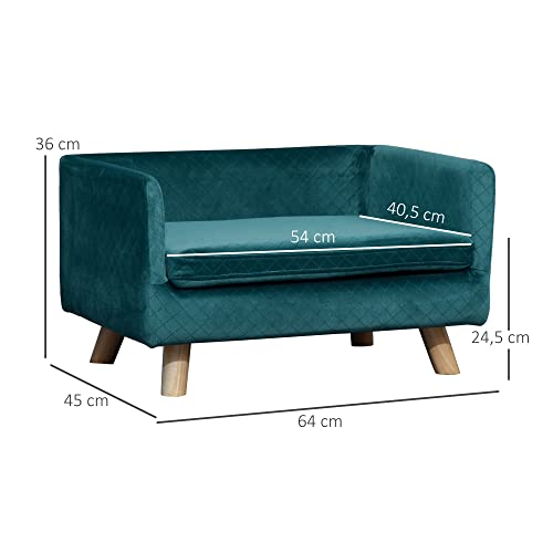 PawHut Hundesofa für Hunde, skandinavisches Design, weiches Kissen, Füße aus Massivholz, Maße: 64 x 45 x 36 cm, Velours, Entenblau
