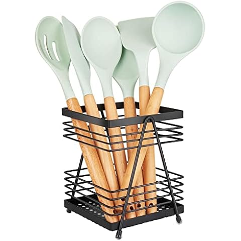 Utensil Holder for Kitchen Counter,Rectangular Matte Black Spoon Spatula Holder,Metal Steel Wire Cooking Utensil Crock Caddy,Elegant Silverware Flatware Organizers Storage for Countertop (1 Pack) Cover