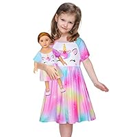 Beinou Nachthemd Mädchen Schlafanzug Kurzarm Kleider Puppe und Mädchen Passendes Nachthemden Einhorn Nachtwäsche