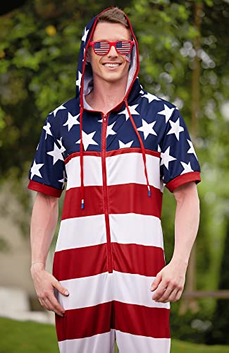 Mainfini Mens Fourth Of July Outfit American Flag One Piece Set Onesie Us Flag Xl #TOP2