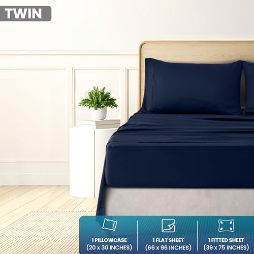 Image of Utopia Bedding Twin Sheet Set, Soft Microfiber 3 Piece Bed Sheets with 15 inch Deep Pocket - Easy Care Brushed Microfiber (Twin, Navy)