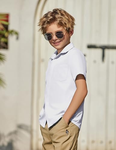 Image of Arshiner Boys Short Sleeve Dress Shirts Solid Button Down Shirts | formal Uniform School Shirt, for 4-12 Years, Hidden Buttons, with Chest Pocket, Regular Fit, Summer Tee top for Kids