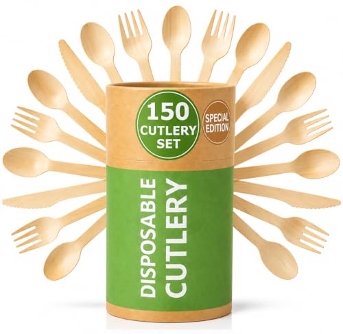 150 Pcs) Compostable Wooden Cutlery Set