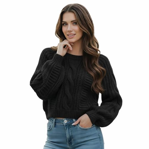 Grewear Womens Cropped Cable Knit Sweater Soft Long Sleeve Crewneck Pullover Casual Cozy Knit Top for Fall Winter Outfits Gift for Women Black-XS