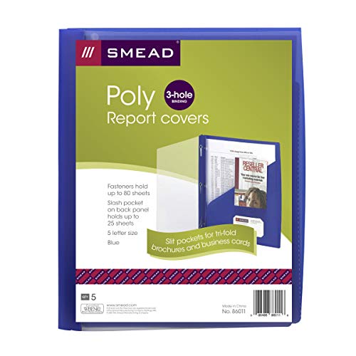 Smead Clear Front Poly Report Cover, Three Double Tang Side Fasteners, 1/2" Capacity, Letter Size, Dark Blue, 5 Per Pack (86011) #TOP3