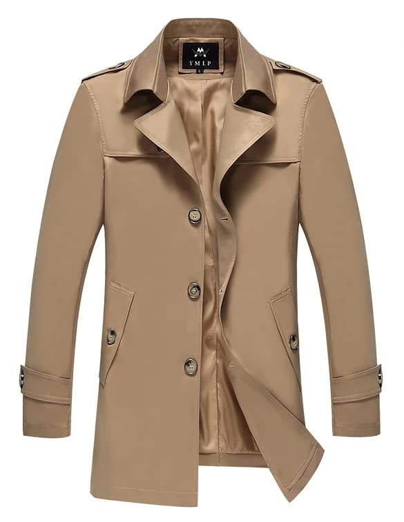Ubervia Jackets - Mens Notched Lapel Single Breasted Long Trench Coat Winter Jacket Busniess Outerwear Jacket Outfit Casual Suit Outerwear Beige Size M-image-12