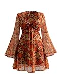 BEAUDRM Women's Y2k Plus Size Hippie Vintage Boho Dress Leopard Bell Long Sleeve V Neck Bow Mesh Fall Mini Dresses Orange Floral X-Large Plus