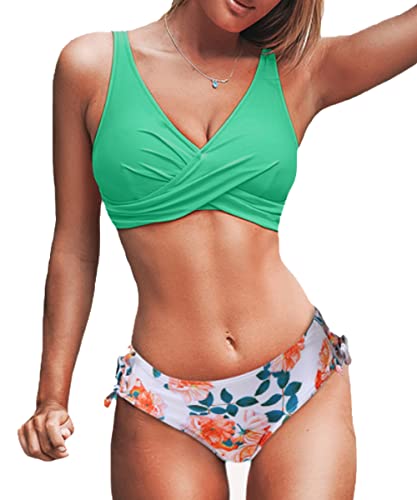 ABINGOO Mujer Traje de Baño Mujer Conjunto de Bikini Ajustable Push up Talle Bajo con Impresión Bañador Traje Sexy de Dos Piezas Ropa de Playa(Verde,S) Cover