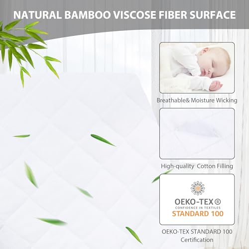 Image of Ruili Rayon Bamboo Viscose Waterproof Crib Mattress Protector, 2 Pack Quilted Fitted Breathableddler Baby Mattress Cover, Organic Bamboo Viscose Soft Crib Mattress Pad, White (52x28 Inches)