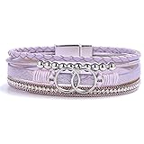FANCY SHINY Boho Wrap Bracelets Leather Cuff Bangle Beaded Bracelets for Women Stackable Infinity Bracelets Jewelry with Clasp(Purple)