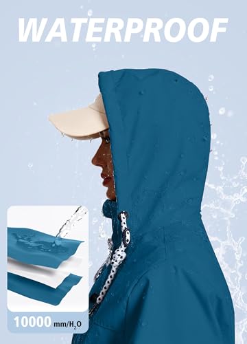 EnduaReve Regenjacke Damen Lang Wasserdicht Atmungsaktiv Regenmantel Übergangsjacke Kapuze Outdoor Jacke Petrolblau L