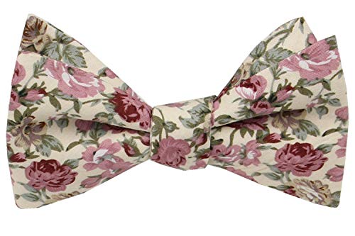 Mens Floral Self Tie Bowties - 100% Cotton Butterfly Bow Ties - Wedding - Gift (Dusty Rose and Leaf Green)