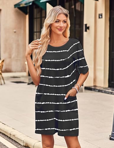 Image of Ekouaer Sleep Shirts for Women Nightgown Short Sleeves T shirt Night Dress Round Neck Womans Nightgown with Pocket S-XXL