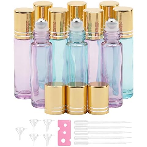Kesell 10ml Pearl Blue Glass Essential Oil Roller Bottles with Stainless Steel Roller Balls, Set of 10 for Aromatherapy, Essential Oils, Perfumes, Lip Balms, Pearl Blue & Purple Cover