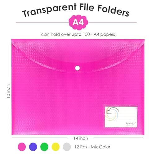 Image of Shuban A4 Plastic File Folder Document Organizer, Plastic File Holder with Snap Button, Waterproof Certificate Folder for Office, School, Home (Style-3-Document Folder- 12 Pcs -Multi Color)