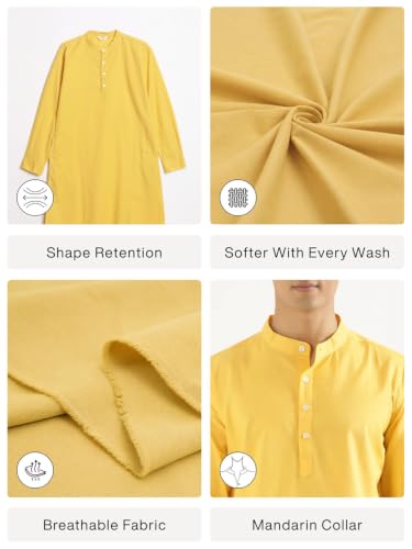Image of SAADAA Men's Long Kurta - Linen Cotton Blend, Airy Fabric, Regular Fit, Mandarin Collar, Solid Color - Casual, Festive & Ethnic Wear