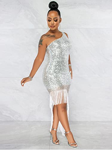 Chicyes Women's Bodycon Sexy Sleeveless Fringe Tassel Sequin Sparkly Club Party Dress Silver #TOP1