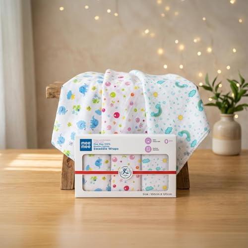 Image of Mee Mee 100% Cotton Muslin Swaddle Wrap for Newborn Baby(120x100 cm)(PK-3)| Soft, Breathable, Lightweight, Quick-Dry, Skin Friendly | Multi-Use Baby Blanket,Nursing Cover,Stroller Cover (Elephant)