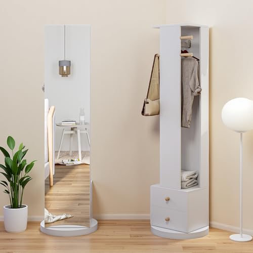 Henunem Miroir sur Pied, 3 en 1 Miroirs à Poser au Sol, Rotatif à 360°, 165 x 45 cm, avec Socle, Étagères et Crochets, Verre Trempé Haute Définition, pour...