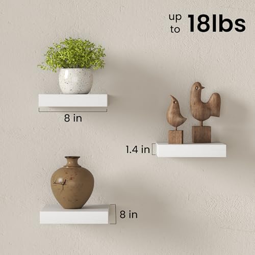 Image of Fun Memories Small Floating Shelves for Wall - 8 Inch Square Wall Shelves with Invisible Brackets, White Shelves for Bathroom, Living Room, Bedroom, and Kitchen Decor, Set of 3