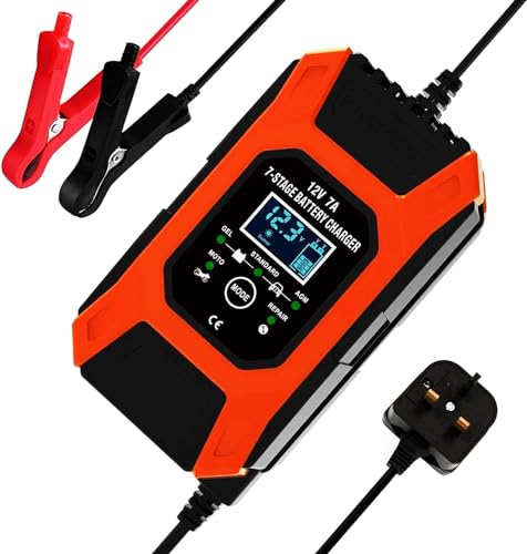 BAITAI Car Battery Charger, 12V 7A Intelligent Automatic Battery Charger/Maintainer Delivers 7 Stage Charging, Suitable for Car,Lawn Mower,Motorcycle,Boat,SUV and More