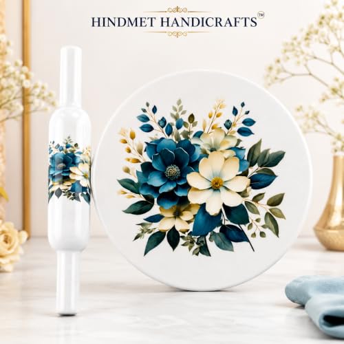 Image of Modern Floral Design Marble Chakla Wooden Belan | Printed 10 Inch Enamel Roti Maker with Belan | Heavy Duty Non-Slip Chakla for Roti, Chapati, Paratha |Kitchen Rolling Board (1 Set) (6.Blue Rose)