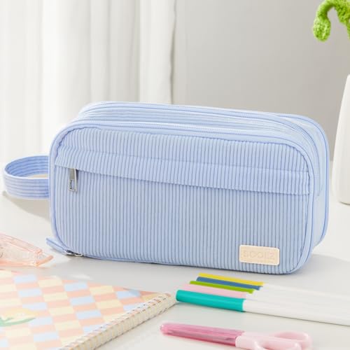 Image of Sooez High Capacity Pencil Case, Soft Corduroy Pencil Pouch with 4 Compartments, Multiple Pockets, Large Bag with Sturdy Zipper, Cute Case Pouch Organizer for Student Teen Girls, Yellow