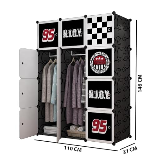 Image of AYSIS Almirah for Clothes, Plastic Soft Sheet Collapsible Wardrobe for Kids Toys /Books, Baby Cupboard for Storage in Bedroom Nursery, Cartoon (Black Print, 12-Shelf-12-Door)