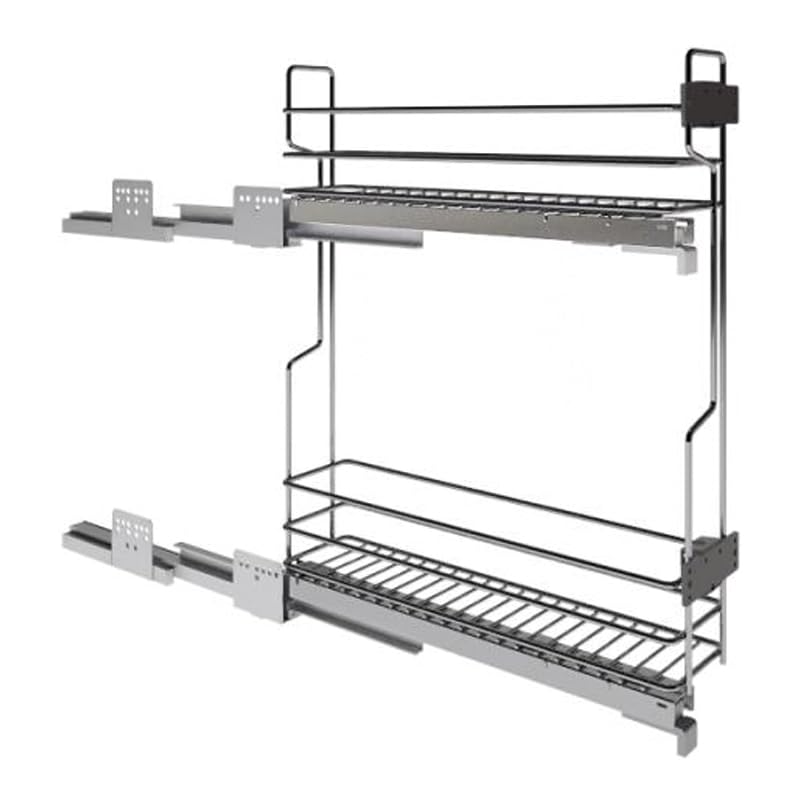 Rangement coulissant étroit pour meuble bas - 2 niveaux - Sens : Gauche - Décor : Chromé - Matériau : Acier - Hauteur : 520 mm - Pour caisson de largeur : 150 mm - Charge : 25 kg - Sortie : Totale - A
