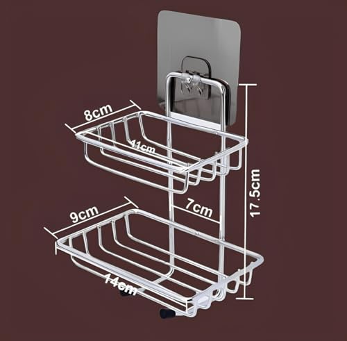 Image of Puno 2-Layer Wall Mounted Soap Dish & Storage Rack - Rustproof Stainless Steel Bathroom Shelf with Hooks, Self Adhesive No-Drill Shower Organizer for Kitchen, Wash Basin & Toiletries (Silver)