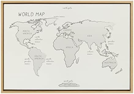 Kate and Laurel Sylvie World Map Sketch Framed Linen Textured Canvas Wall Art by Teju Reval of SnazzyHues, 23x33 Natural, Decorative Map Art for Wall