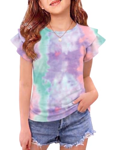Image of Girls T Shirts Ruffle Short Sleeve Round Neck Loose Blouse Summer Solid Color Casual Girl Tee Tops for 3-12 Years