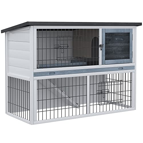 PawHut 2-Tier Wooden Rabbit Hutch Guinea Pig House Bunny Cage Backyard w/Openable Roof Small Animal House for Outdoor Grey 108 x 45 x 78 cm