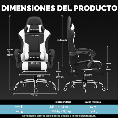 Miniatura 3 de Gtplayer Silla Gaming Con Masajeador Ergonómica Silla Gamer Con Reposapiés Reposacabeza, Silla De Oficina Ergonómica, Soporte Lumbar, Silla Juego Ajustable En Altura, Tela Blanco