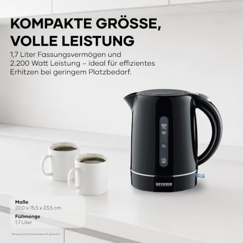 SEVERIN Wasserkocher, 1,7 L, kompakt, schwarz und leistungsstark, Kalkfilter, Kunststoff, 2.200 W, WK 4322 – Ansicht 2