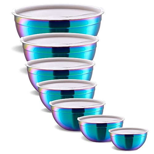 Comparison: Best Rainbow Stainless Steel Cookware 10 Onlycooker Rainbow Mixing Bowls With Airtight Lids,Stainless Steel Bowl,Salad Bowls 7 Piece Colorful Nesting Bowl Rainbow Kitchen Accessories,Size 7,3.6,2.7,2.1,1.5,1.1,0.8QT Stackable Design