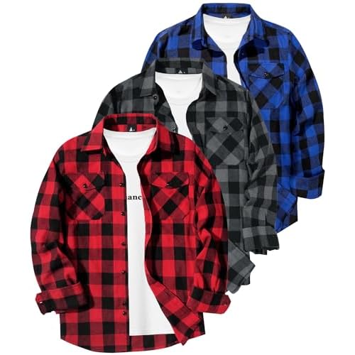 ZITY Men Plaid Flannel Shirts Long Sleeve Casual Button Down Collar Jackets for Men with Pockets Three Blue Grey Red X-Large