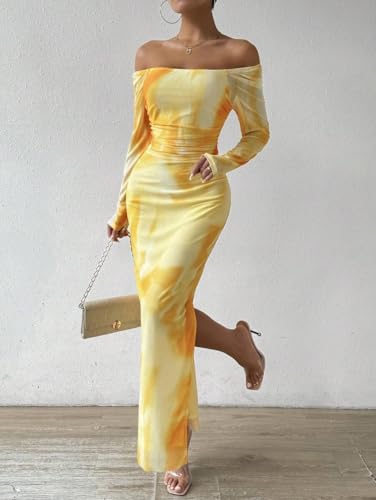 Image of LIGHT DOT Women's Printed Off Shoulder Maxi Dress Long Sleeve Bodycon Ruched Mesh Cocktail Dress
