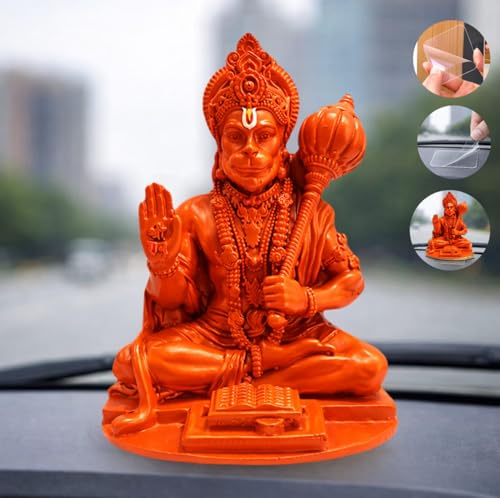 Image of Yadava Orange Hanuman Ji Idol with Double Sided Adhesive Sticker for Home Temple & Car Dashboard | Hanuman Murti with Gada | Powerful Hanuman Statue for Strength, Courage & Protection (Orange)