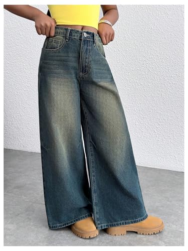Floerns Girl's Vintage Wide Leg Jeans Elastic Waist Streetwear Y2k Baggy Denim Pants4