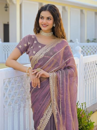 Image of Satrani Women's Shimmer Chiffon Scalloped Border Sequins Embroidery Saree with Unstitched Blouse Piece