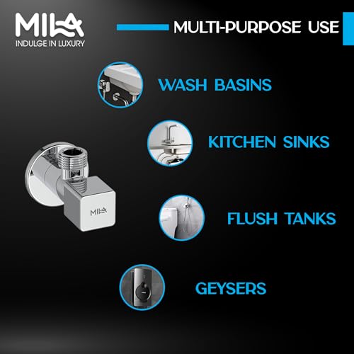 Image of Mila Square Brass Angle Valve with Wall Flange - Pack of 2 | Mirror Chrome Finish | Quarter Turn Cartridge | inch BSP Male Thread Inlet & Outlet | Durable, Leak-Proof, Multi-Purpose| 10-Year Warranty