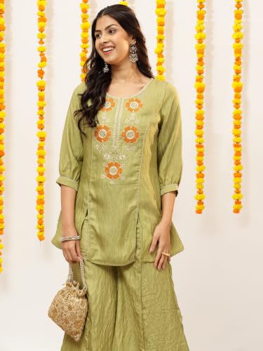 Image of Vbuyz Women Floral Embroidery Stylish A-Line Fandy Silk Kurta With Palazzo