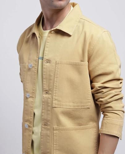 Image of Rare Rabbit Men's Brond Beige Cotton Plain Regular Fit Full Sleeve Spread Collar Jacket