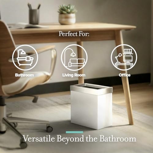 Image of Gatco Small Bathroom Trash Can with Lid, Rectangle 3 Gallon Stainless Steel Wastebasket, Under Sink, Matte Pearl and Satin Nickel, for Bathroom, Bedroom, Office (1939SN)